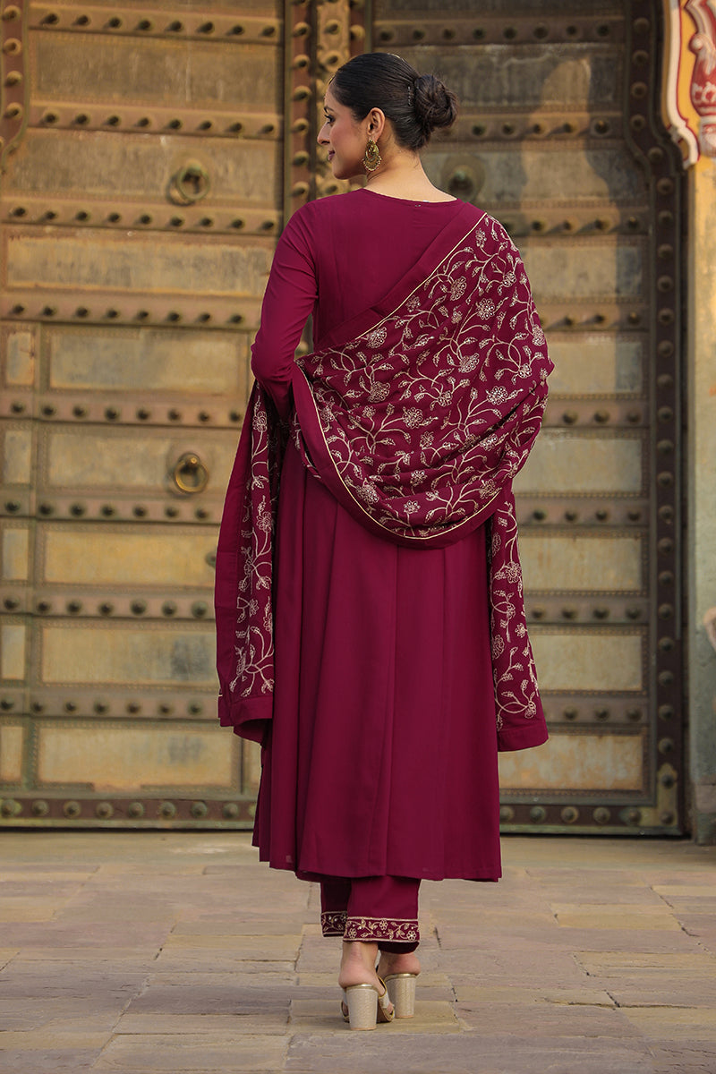Fuschia Poly Georgette Angrakha Pant With Dupatta