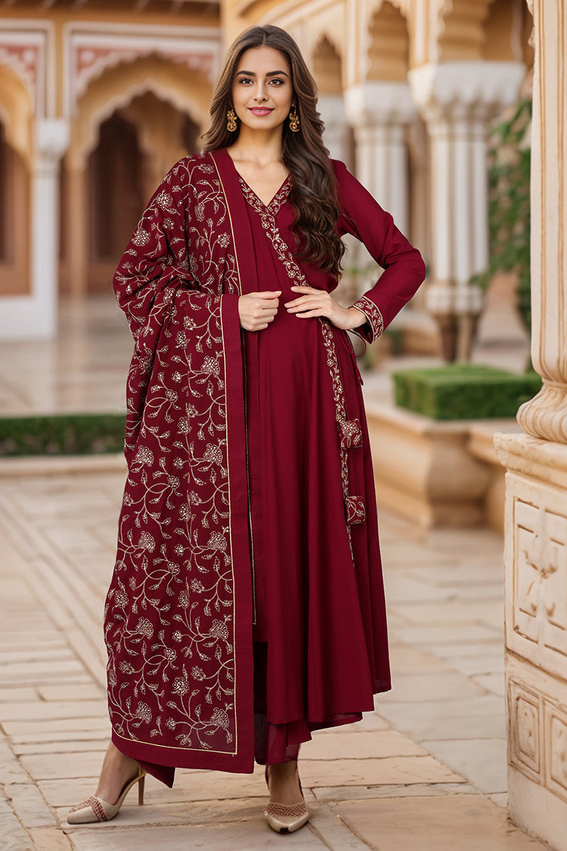 Fuschia Poly Georgette Angrakha Pant With Dupatta