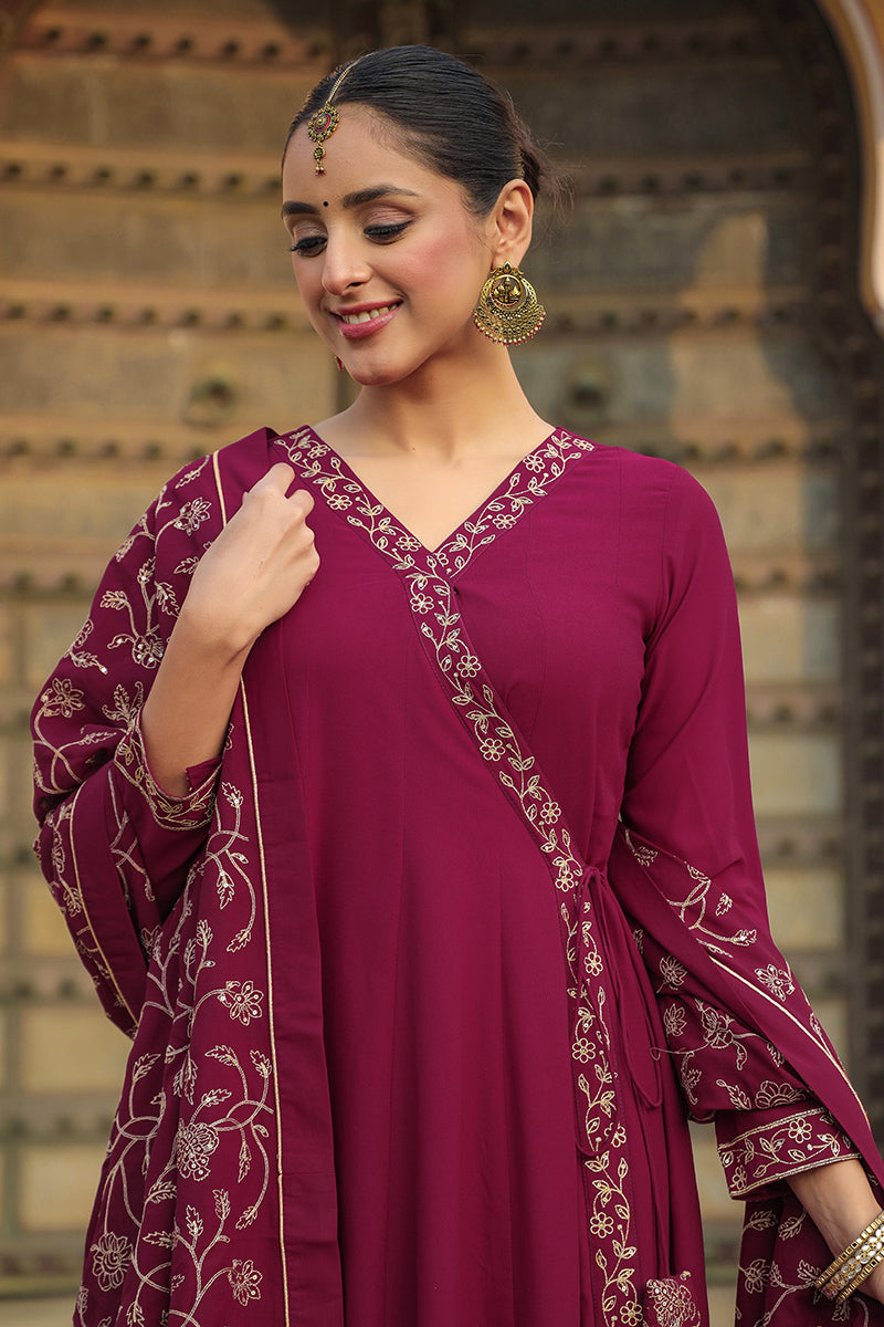 Fuschia Poly Georgette Angrakha Pant With Dupatta