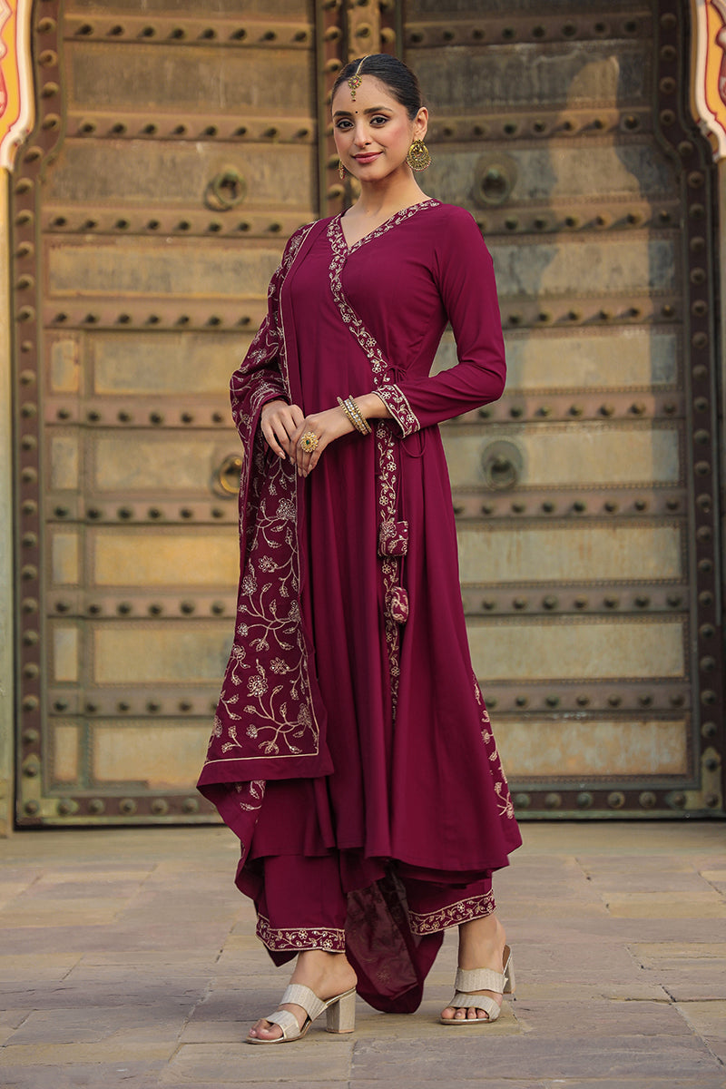Fuschia Poly Georgette Angrakha Pant With Dupatta