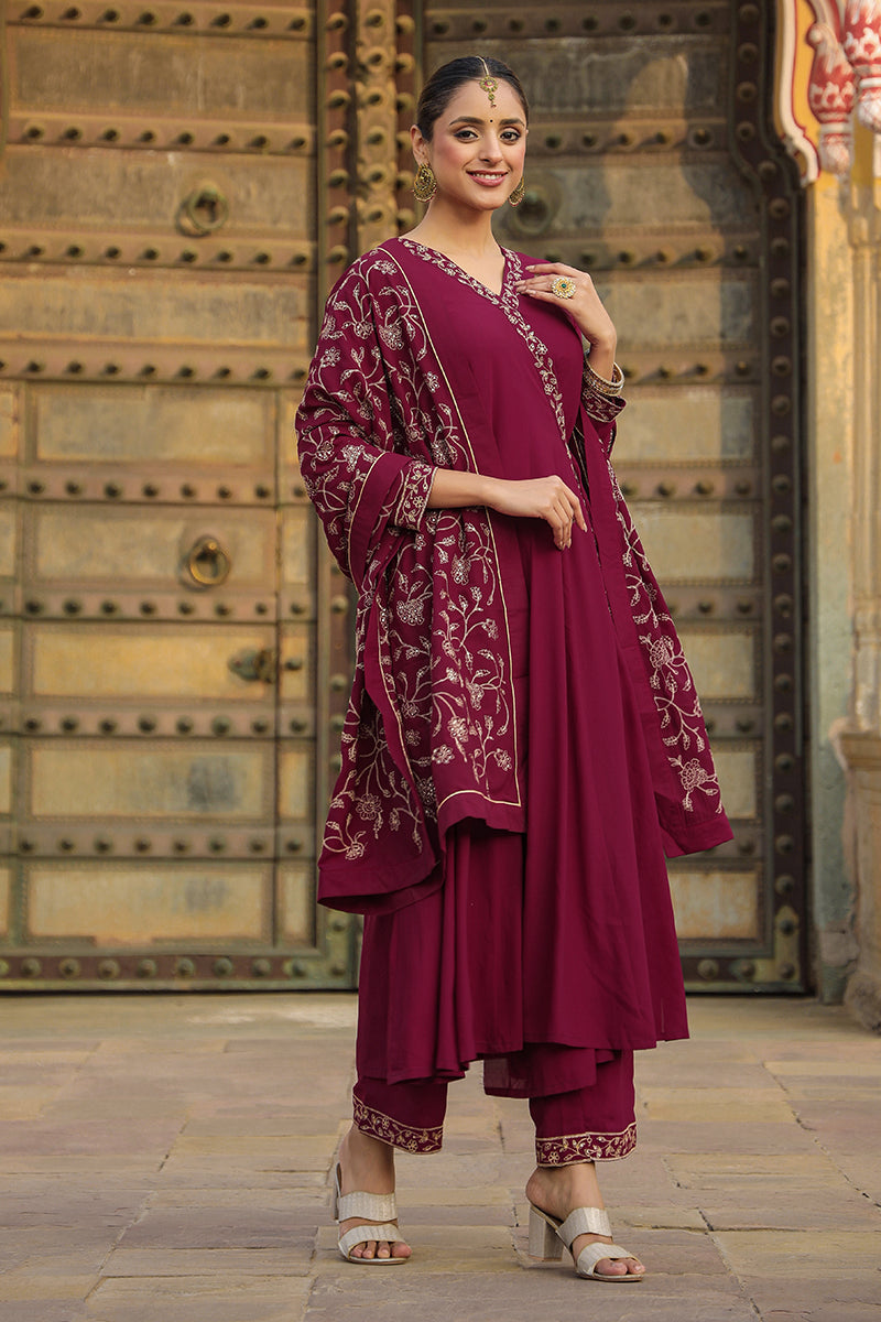 Fuschia Poly Georgette Angrakha Pant With Dupatta
