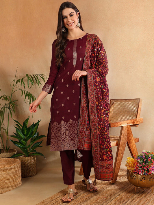 Burgundy Silk Blend Ethnic Straight Suit Set