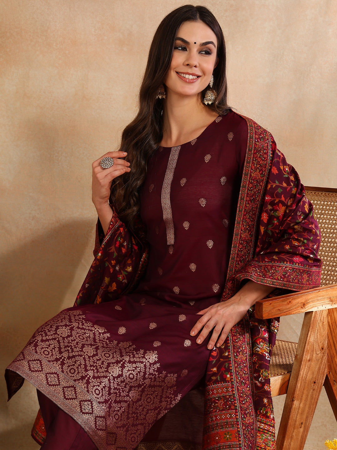 silk blend wine jacquard straight kurta pant with dupatta pkskd1954