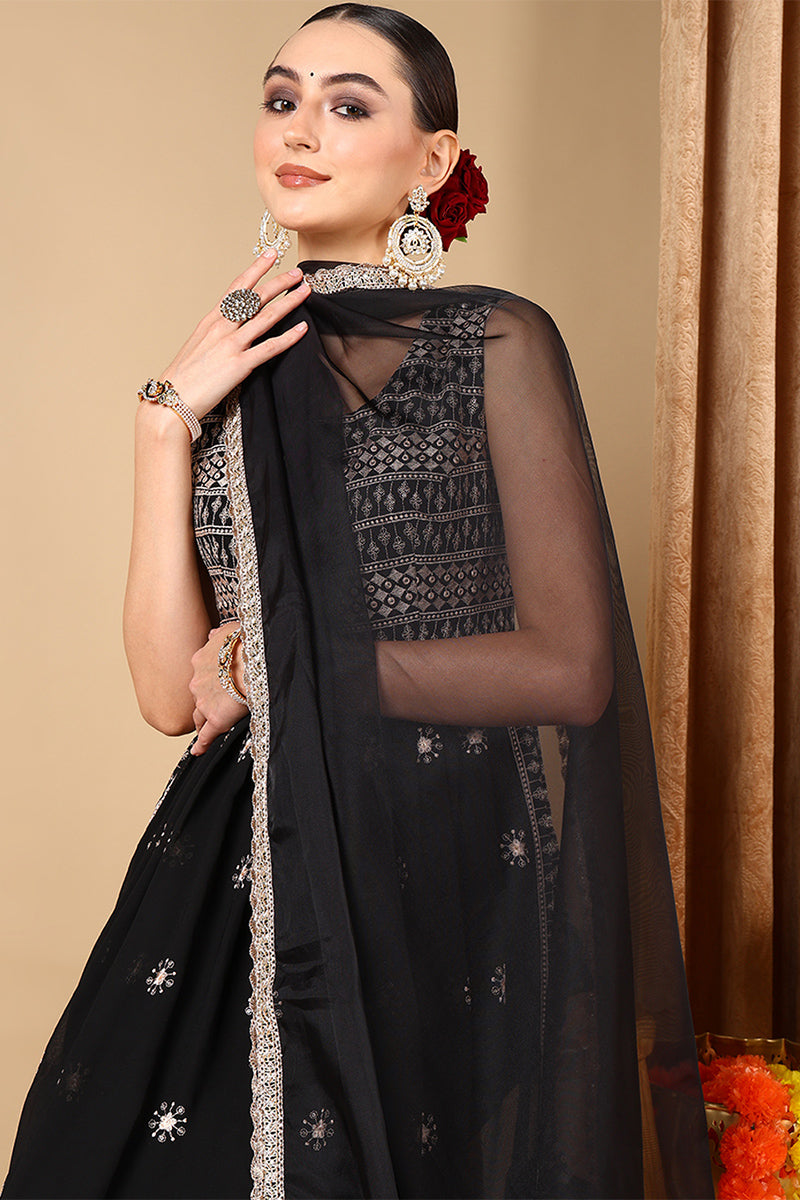 black poly georgette embroidered straight suit set pkskd2007