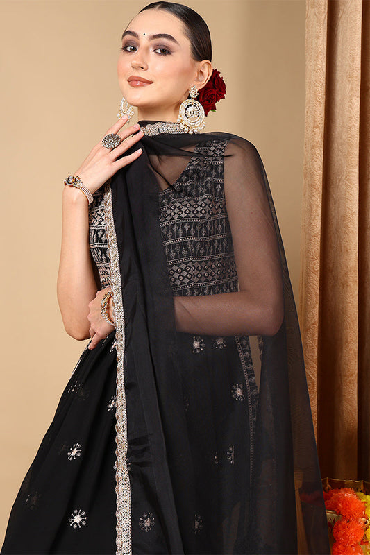 black poly georgette embroidered straight suit set pkskd2007