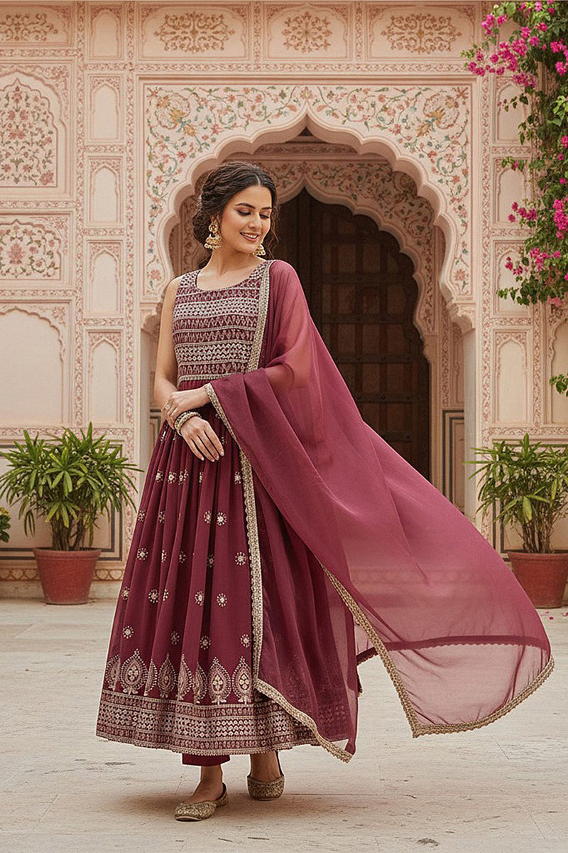 rust red poly georgette solid embroidered straight suit set pkskd2008