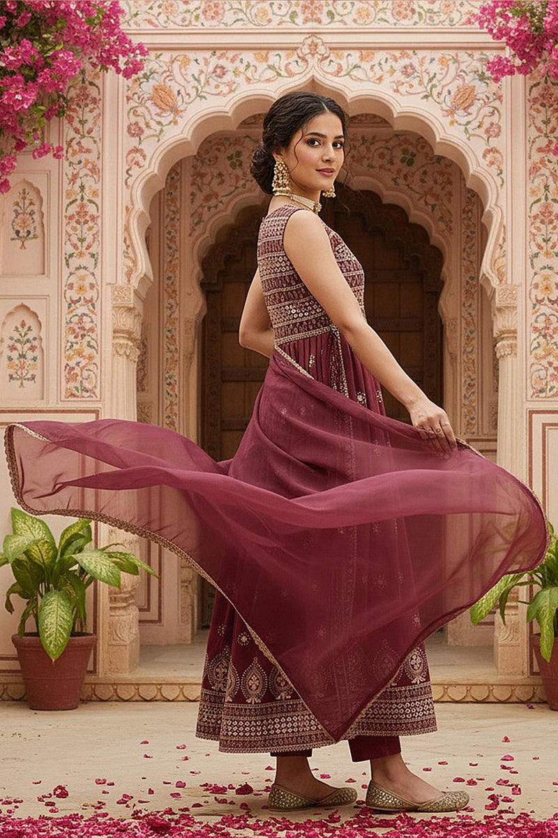rust red poly georgette solid embroidered straight suit set pkskd2008