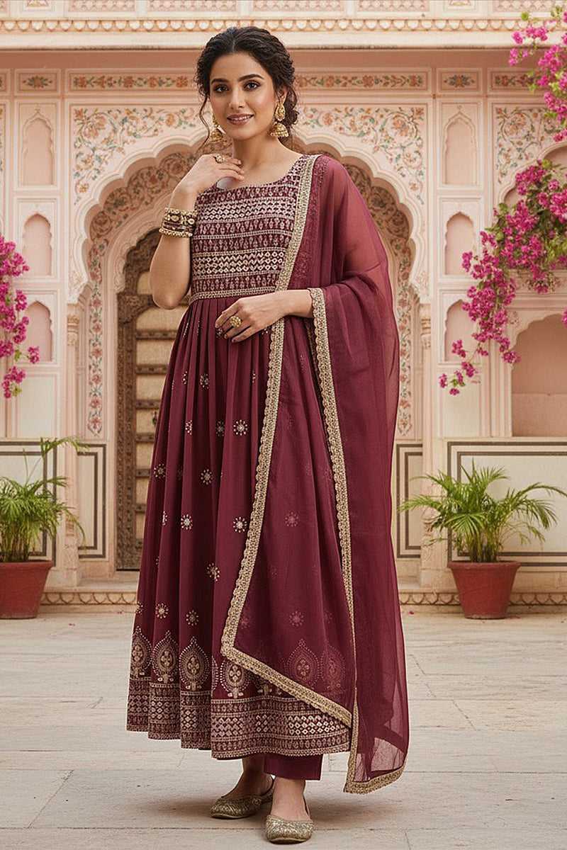 rust red poly georgette solid embroidered straight suit set pkskd2008