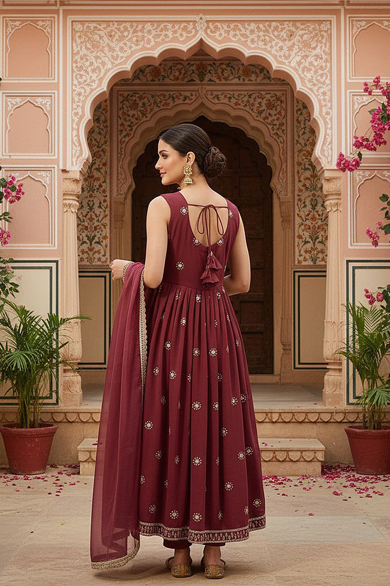rust red poly georgette solid embroidered straight suit set pkskd2008