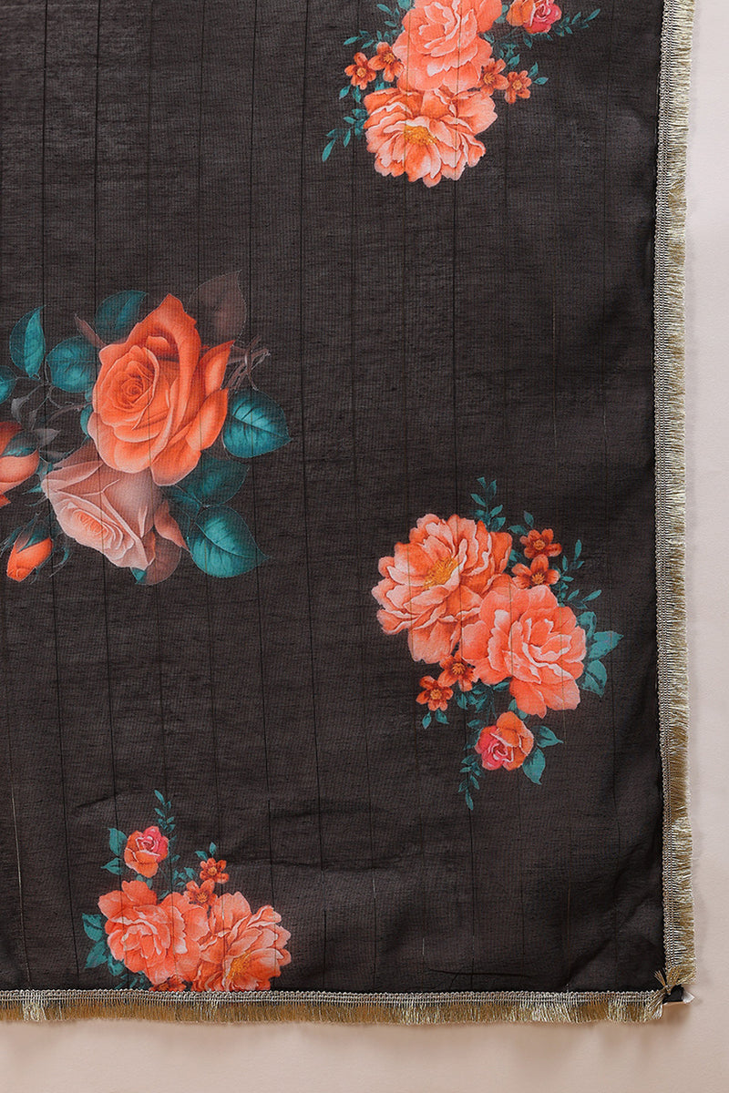 black silk blend solid embroidered flared empire suit set 