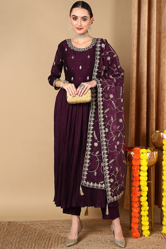 magenta silk blend embroidered anarkali suit set pkskd2057