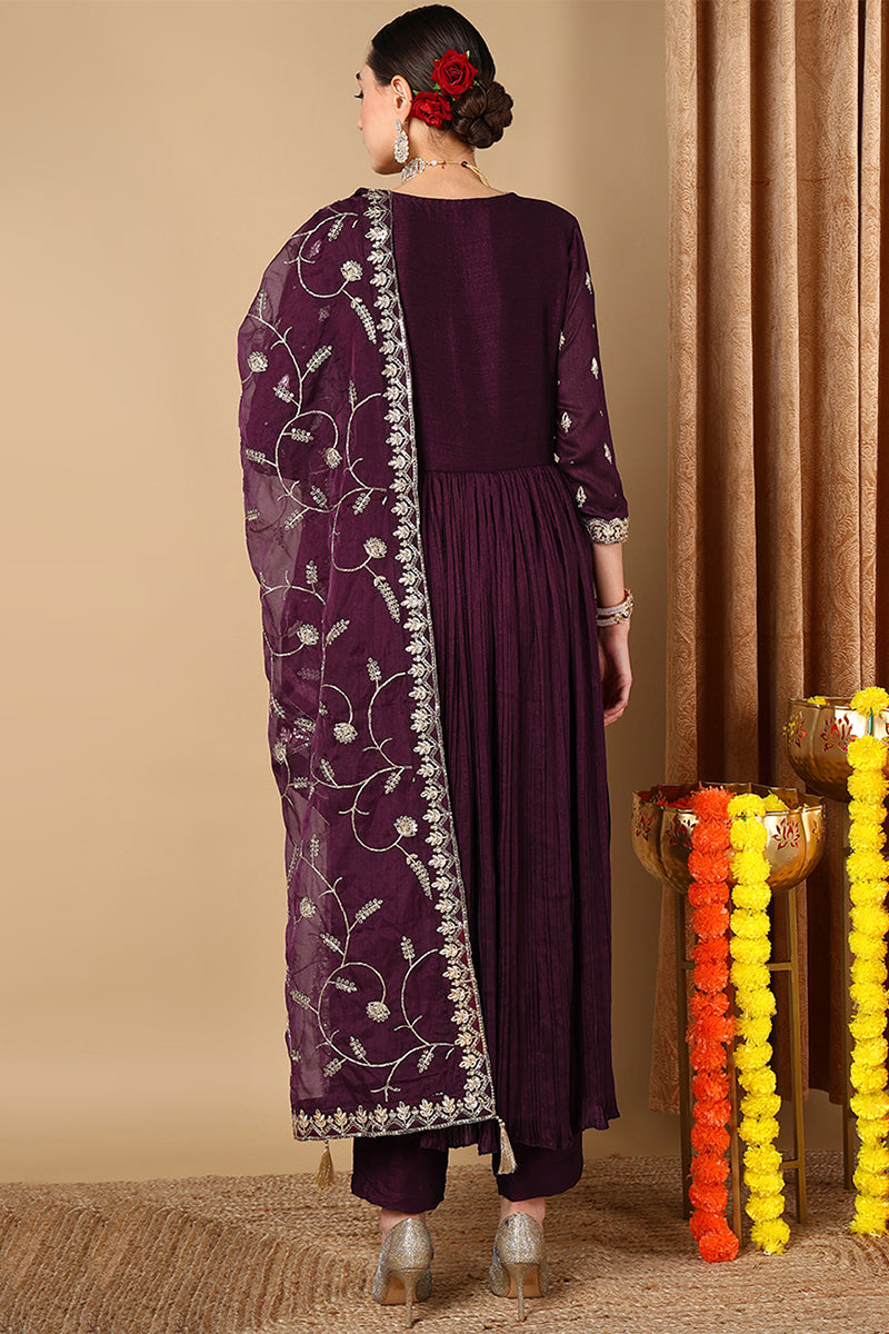 magenta silk blend embroidered anarkali suit set pkskd2057