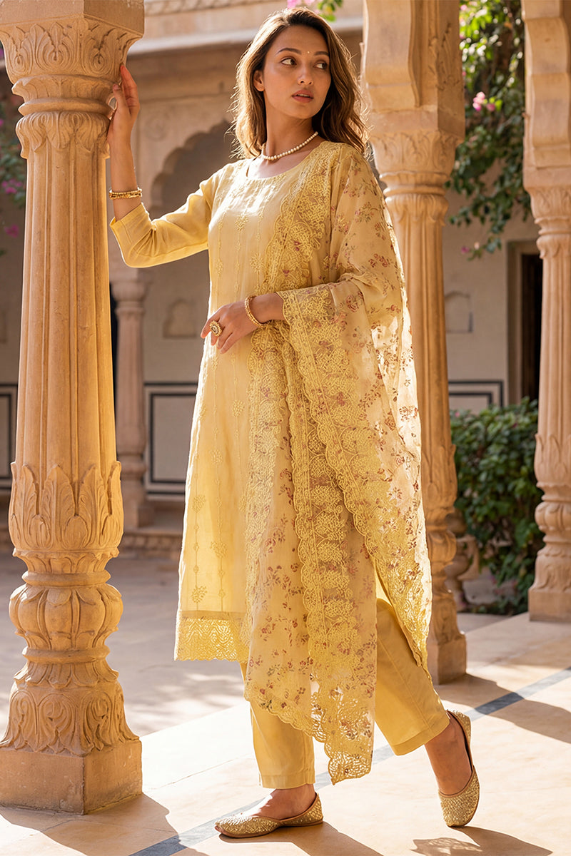 yellow organza floral embroidered straight suit set pkskd2086