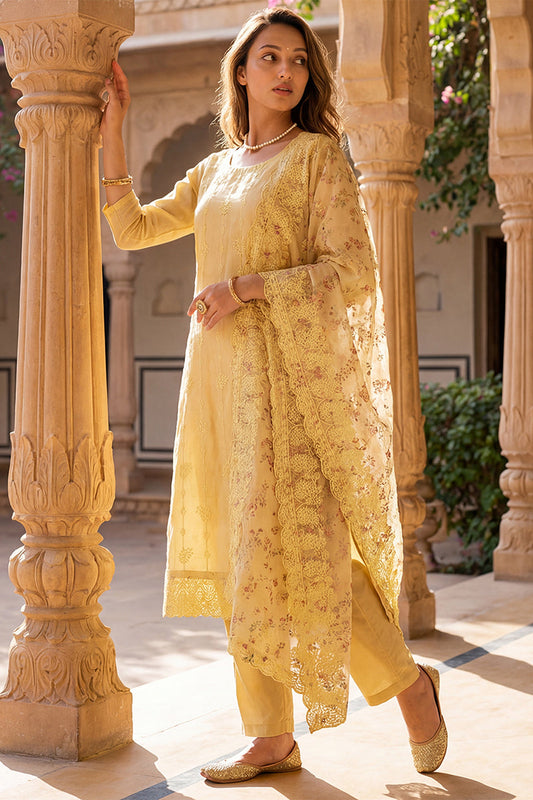 yellow organza floral embroidered straight suit set pkskd2086