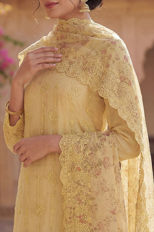 yellow organza floral embroidered straight suit set pkskd2086