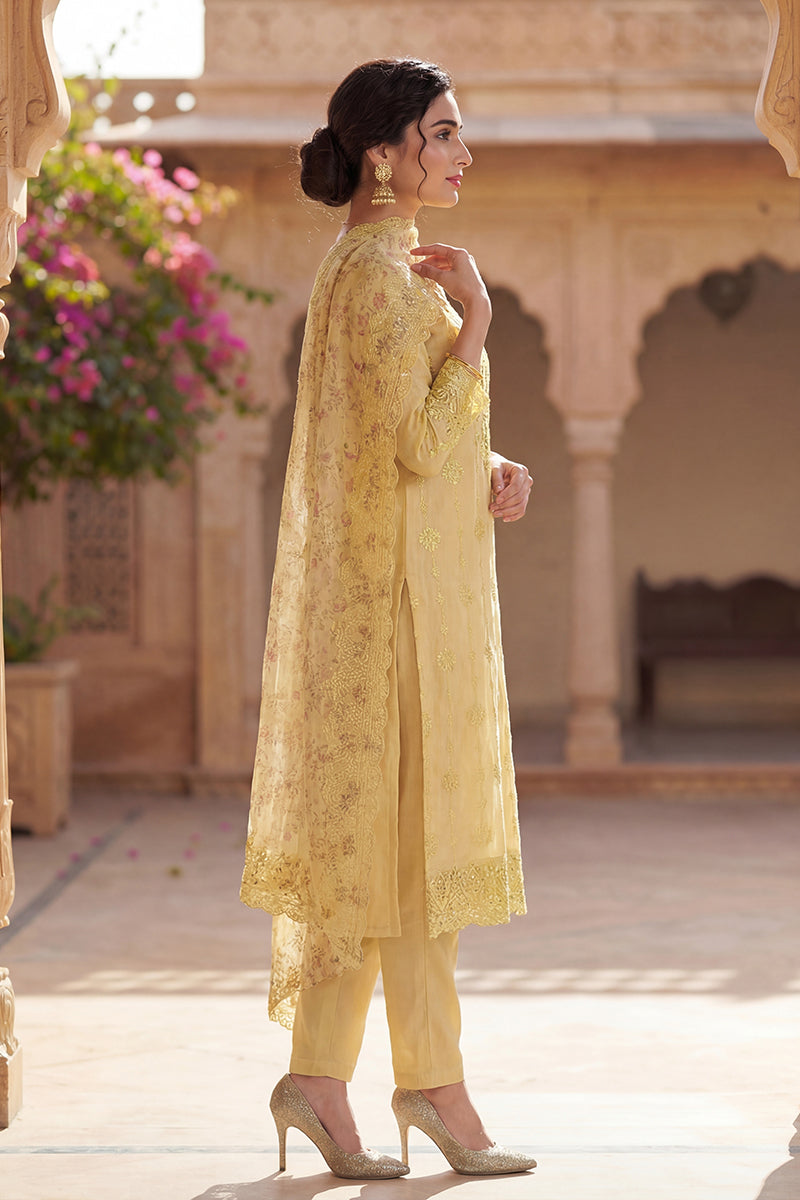 yellow organza floral embroidered straight suit set pkskd2086