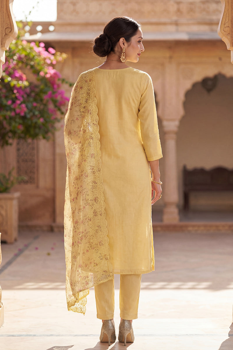 yellow organza floral embroidered straight suit set pkskd2086