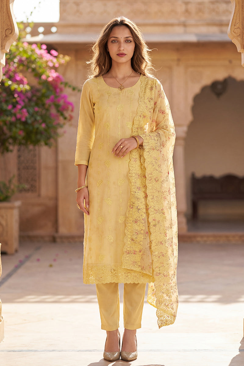 yellow organza floral embroidered straight suit set pkskd2086