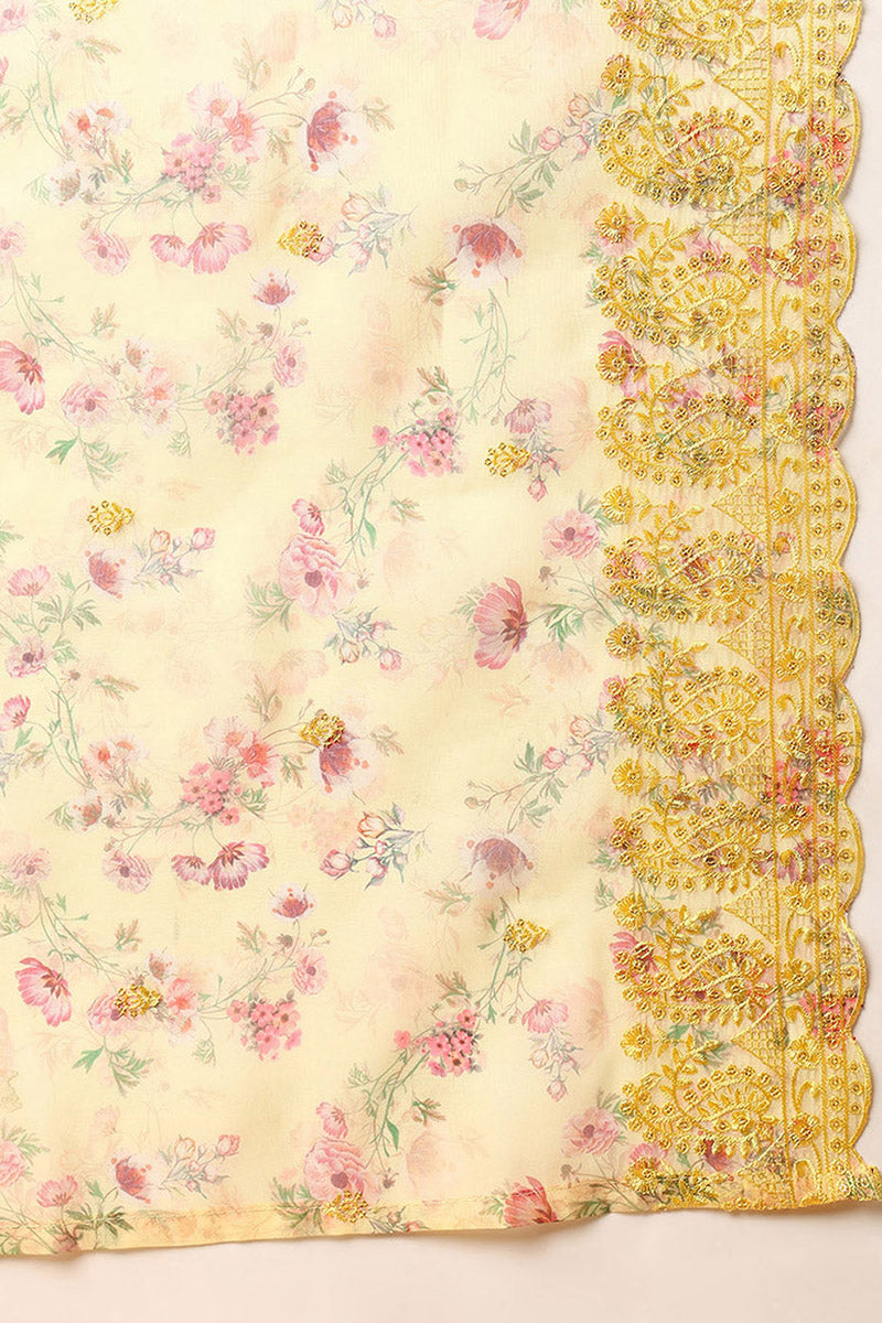 yellow organza floral embroidered straight suit set pkskd2086