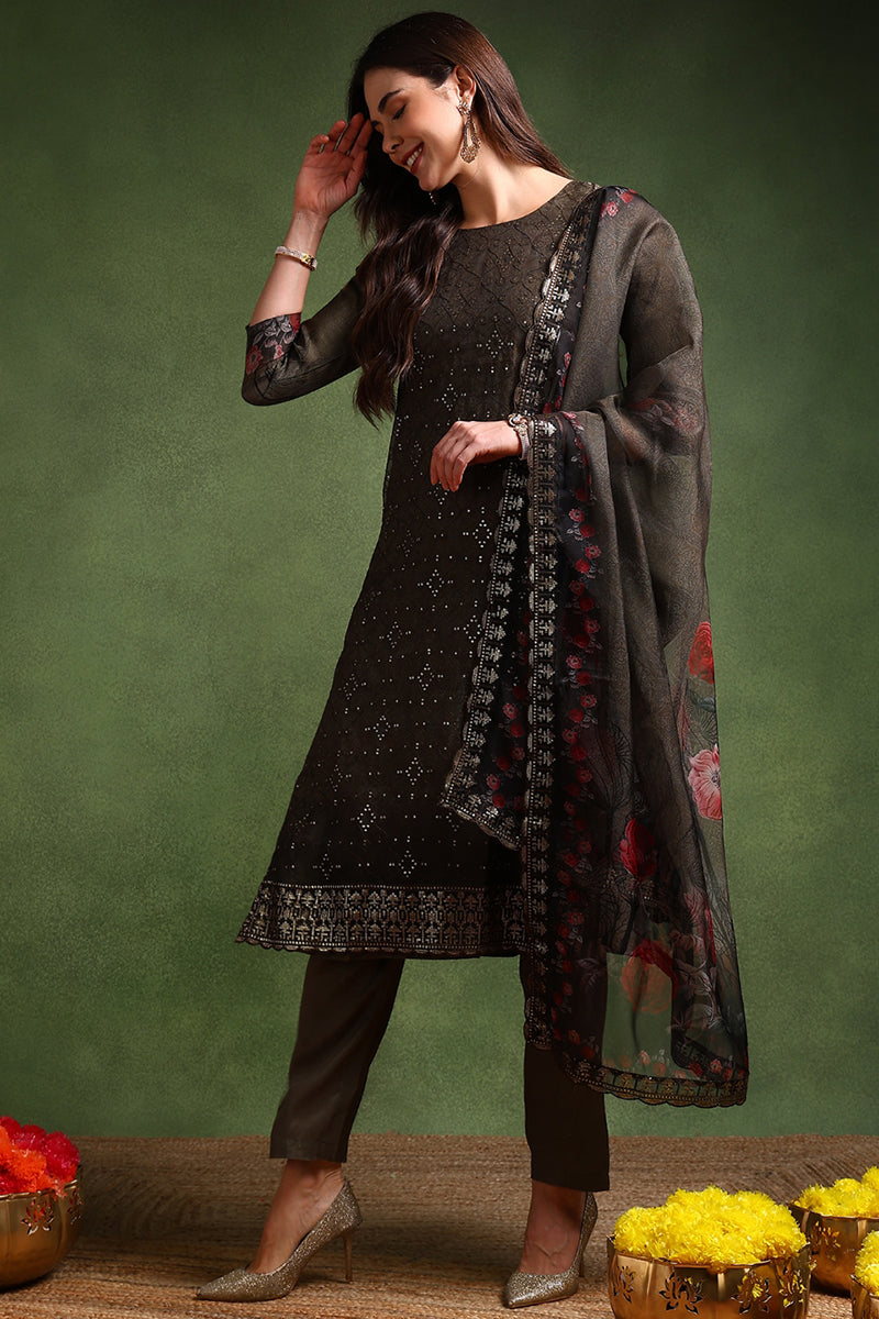 Green Organza Floral Embroidered Straight Suit Set