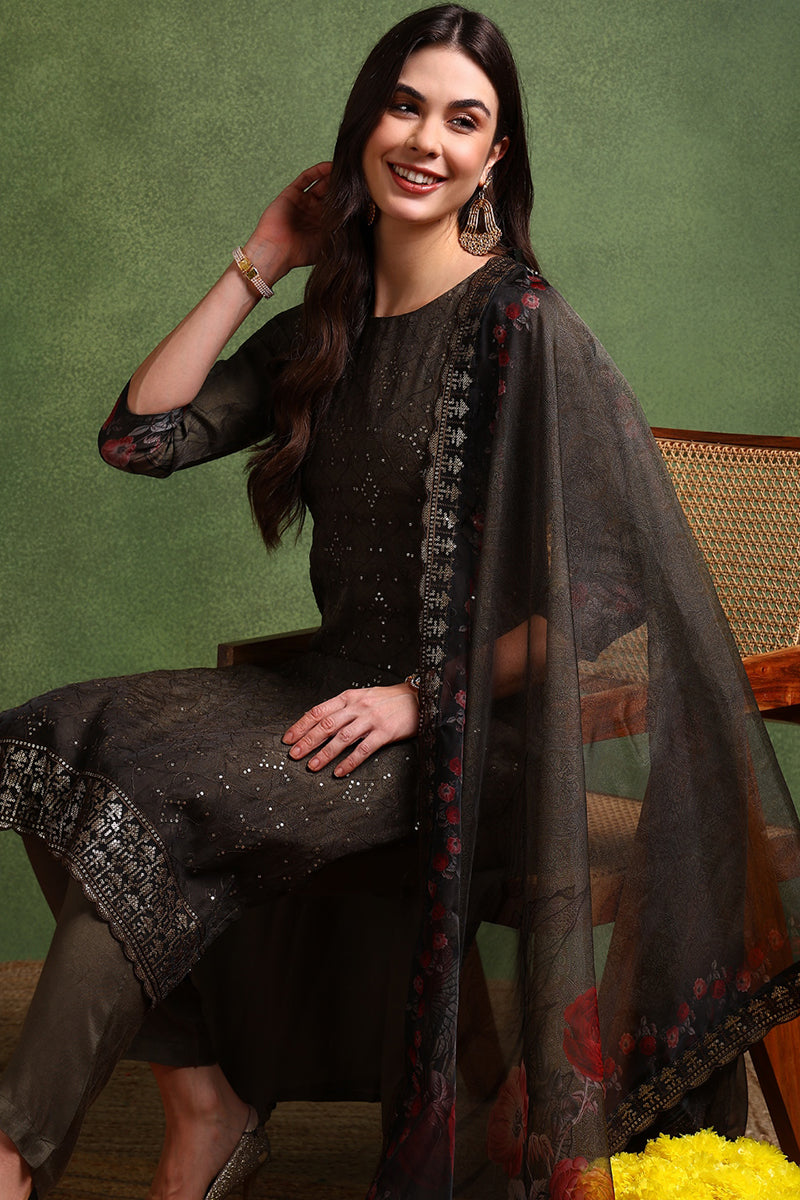 Green Organza Floral Embroidered Straight Suit Set