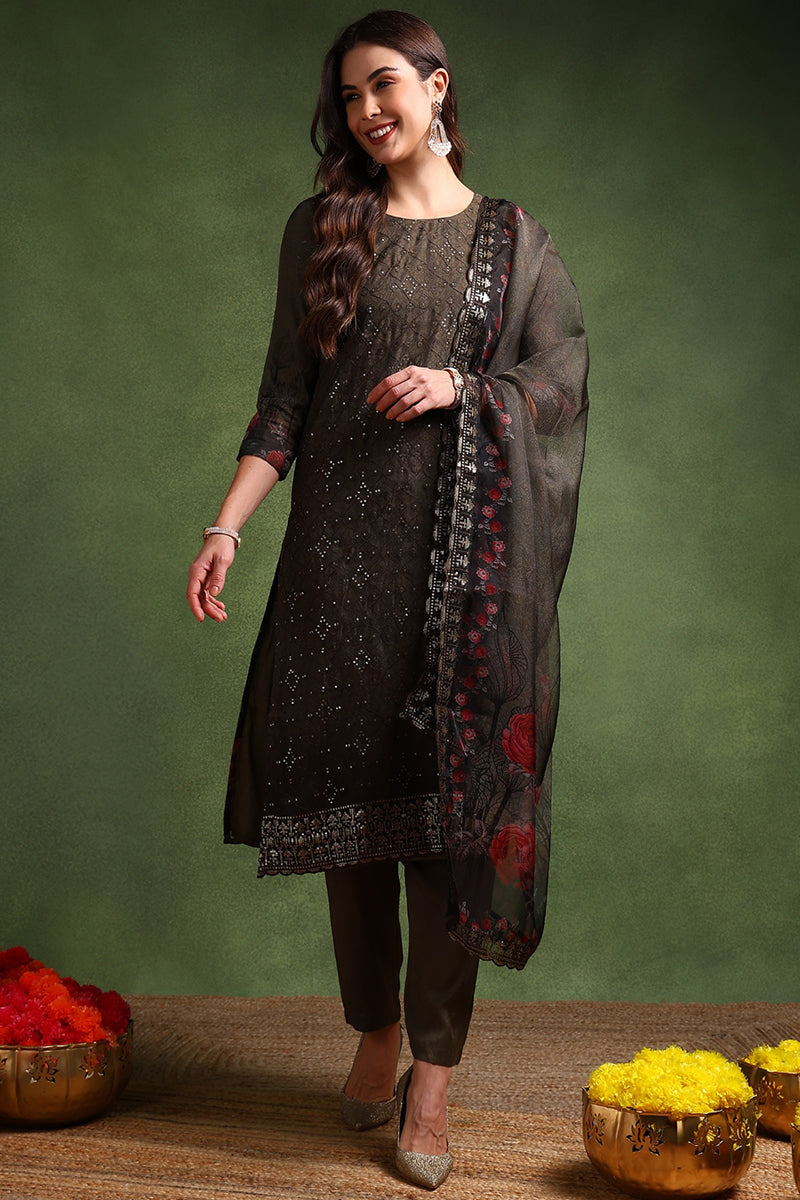 Green Organza Floral Embroidered Straight Suit Set