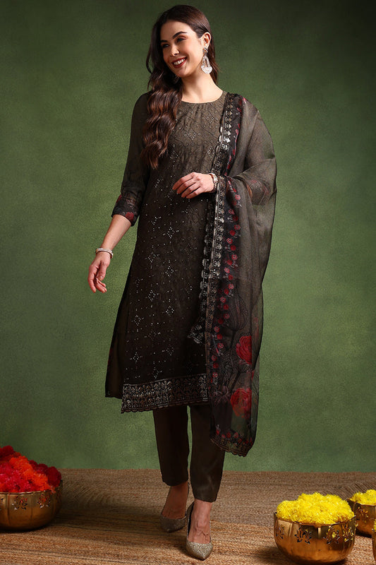 green organza floral embroidered straight suit set pkskd2088