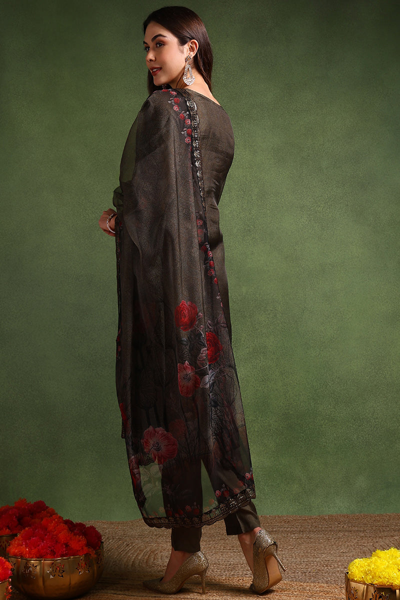 Green Organza Floral Embroidered Straight Suit Set