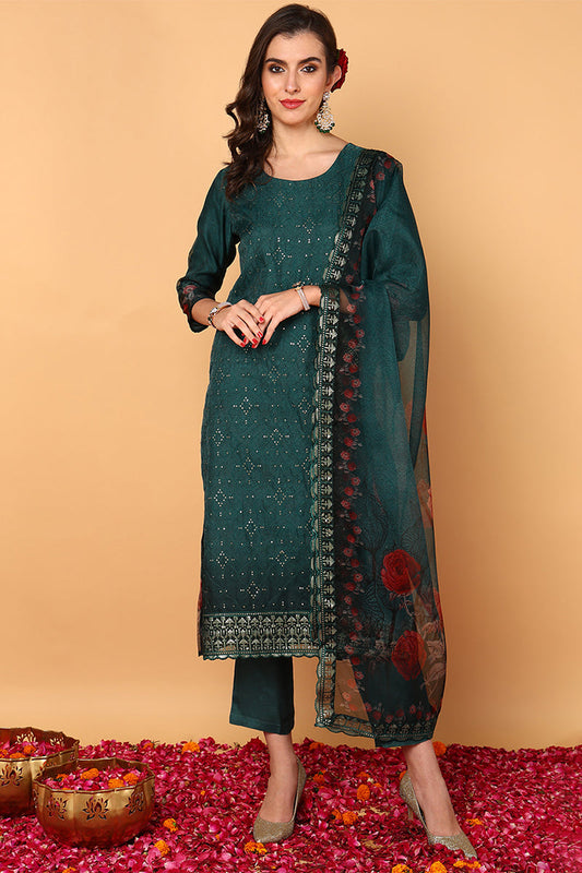green organza floral embroidered straight suit set pkskd2090