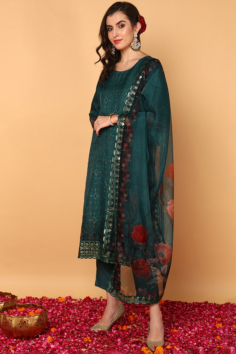 green organza floral embroidered straight suit set pkskd2090