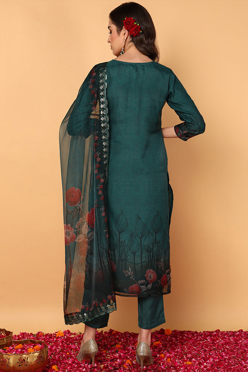 green organza floral embroidered straight suit set pkskd2090