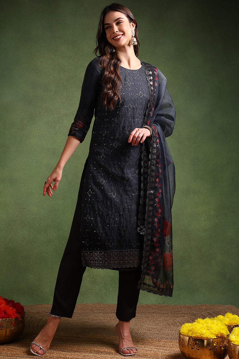 black organza floral embroidered straight suit set