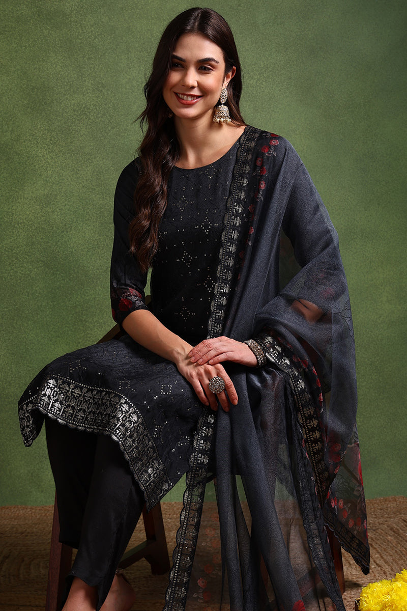 black organza floral embroidered straight suit set