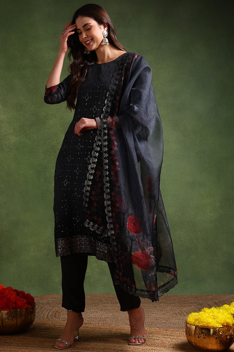 black organza floral embroidered straight suit set