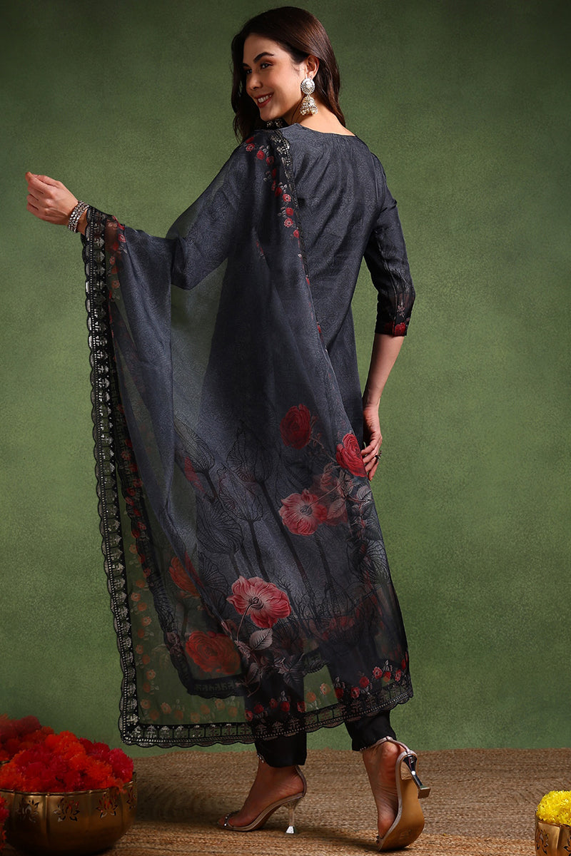 black organza floral embroidered straight suit set