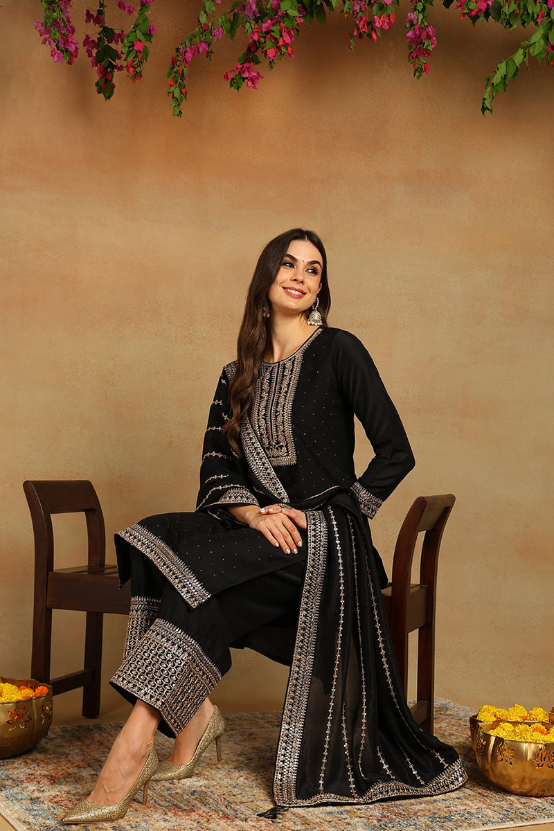 black silk blend solid embroidered straight suit set pkskd2098