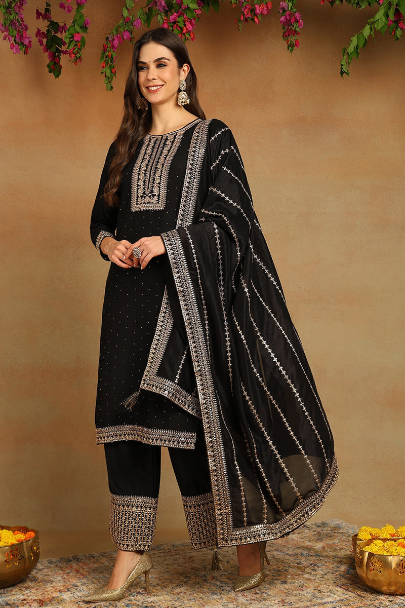 black silk blend solid embroidered straight suit set pkskd2098
