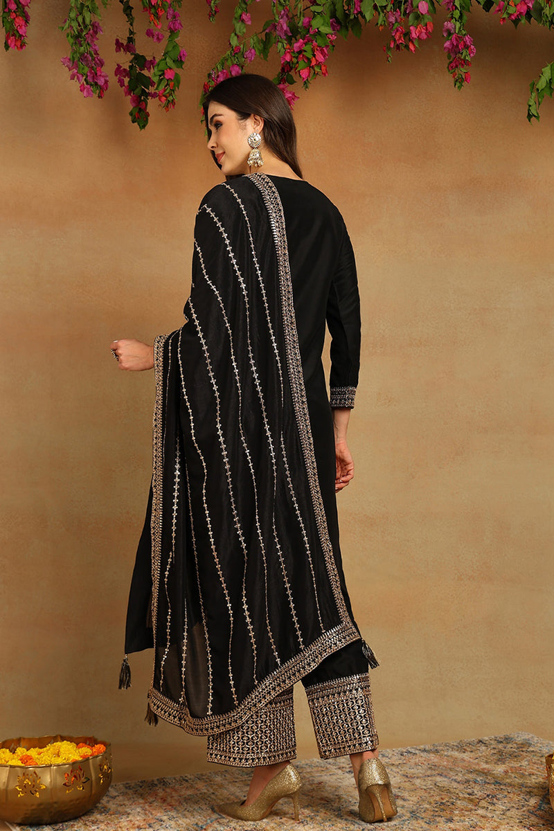 black silk blend solid embroidered straight suit set pkskd2098