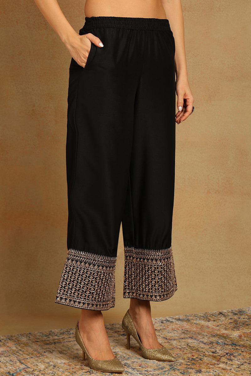 black silk blend solid embroidered straight suit set pkskd2098