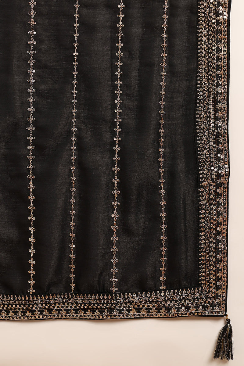 black silk blend solid embroidered straight suit set pkskd2098
