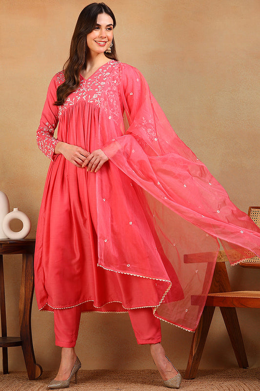 pink silk blend solid embroidered flared empire suit set pkskd2109