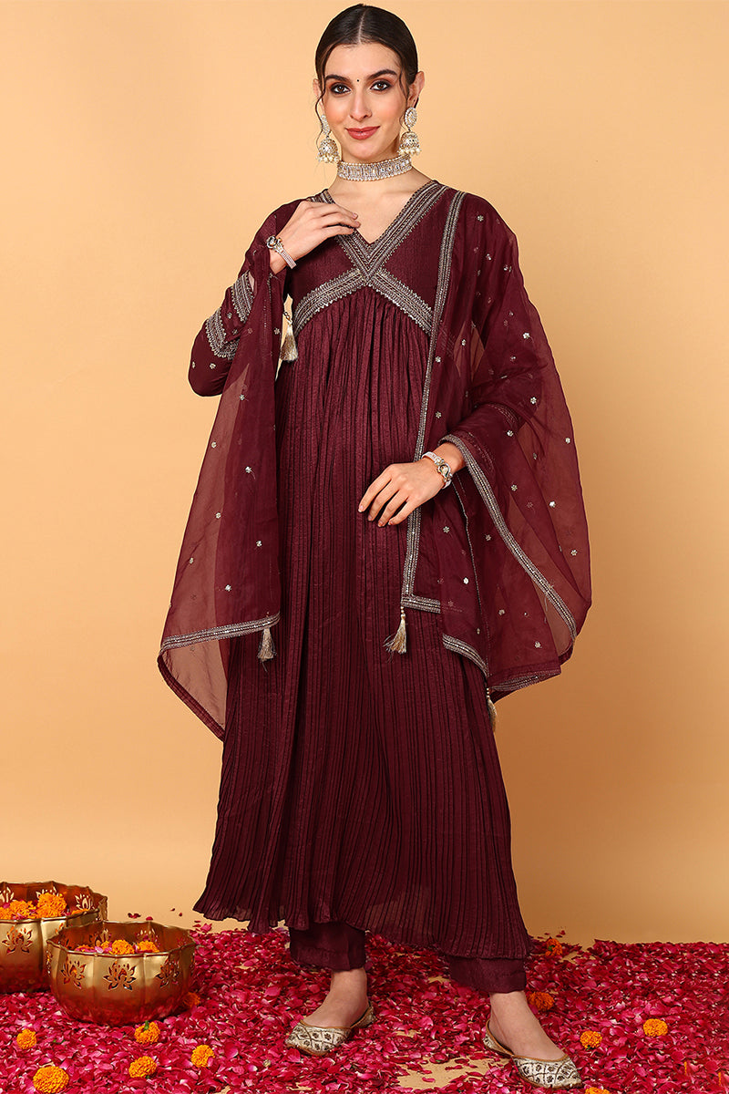 plus size maroon silk blend solid embroidered flared suit set 