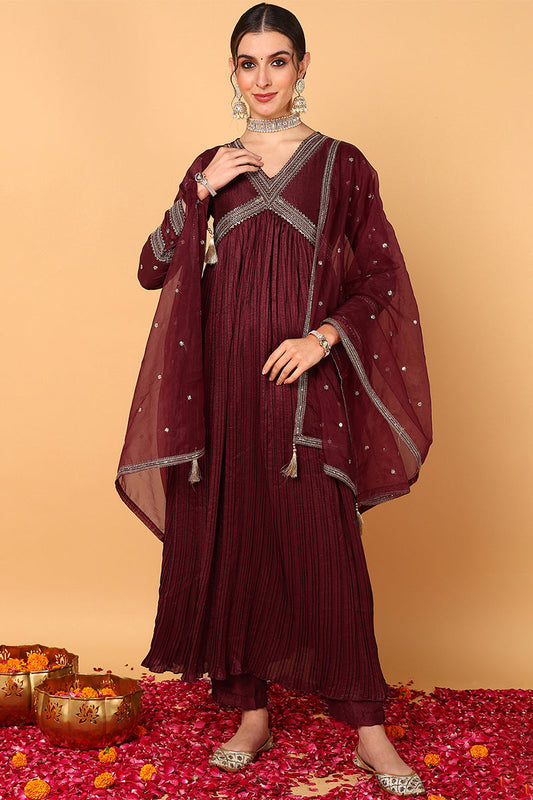 plus size maroon silk blend solid embroidered flared suit set 