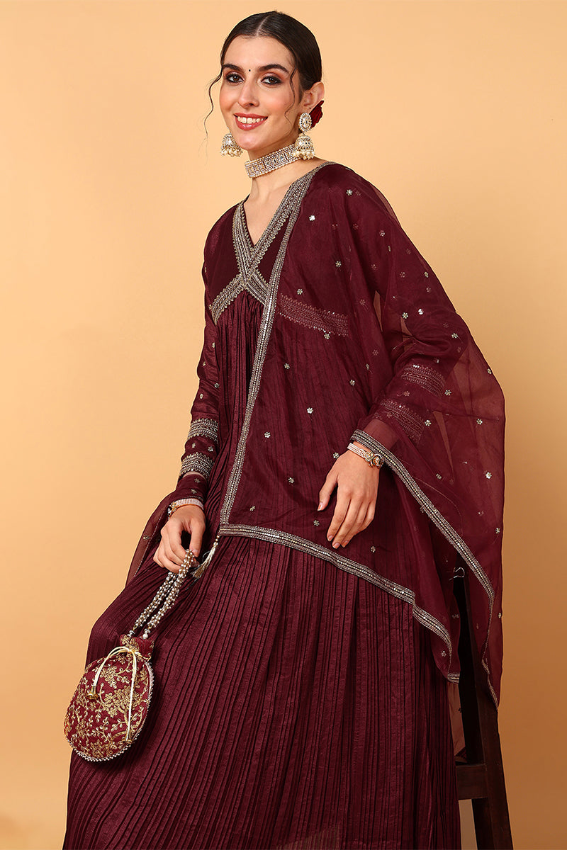 plus size maroon silk blend solid embroidered flared suit set 