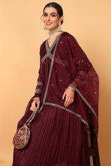 plus size maroon silk blend solid embroidered flared suit set 