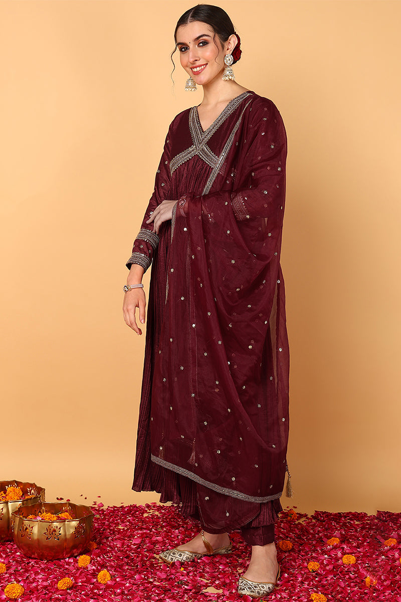 plus size maroon silk blend solid embroidered flared suit set 