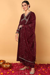 plus size maroon silk blend solid embroidered flared suit set 