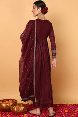 plus size maroon silk blend solid embroidered flared suit set 