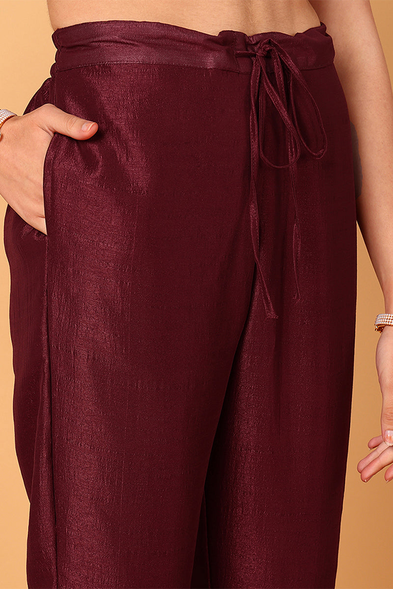 plus size maroon silk blend solid embroidered flared suit set 