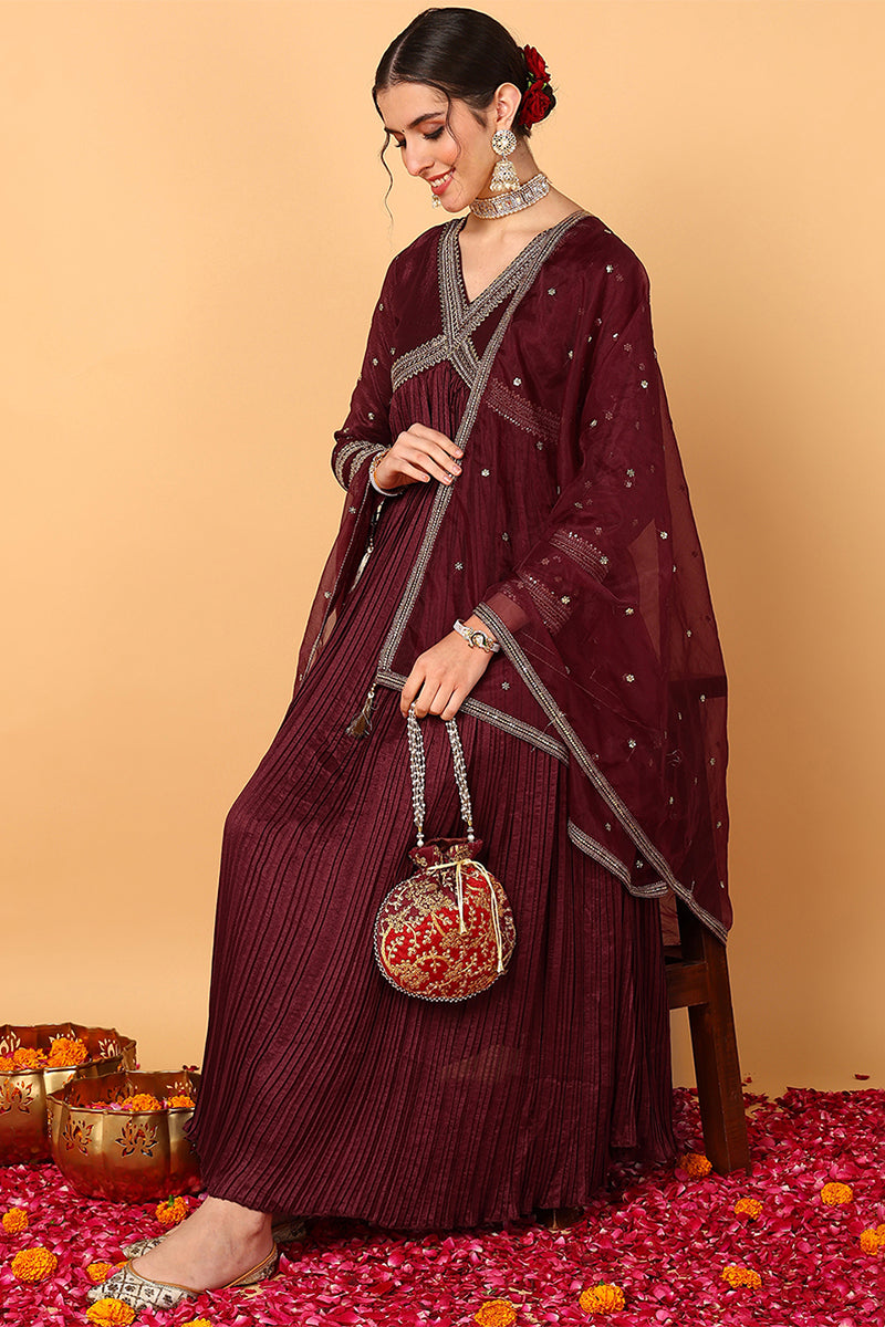 plus size maroon silk blend solid embroidered flared suit set 